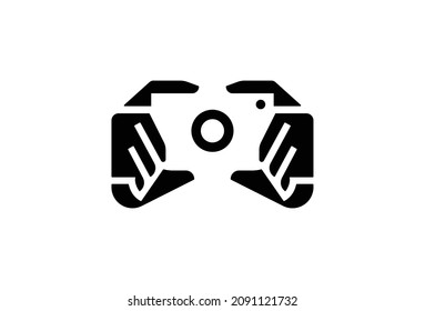 Photographer Minimal Symbol Design. Vector Logo Template. A smart logomark of two hands holding a DSLR camera in a negative effect. An emblem representing quality portrait, nature, wedding and other p