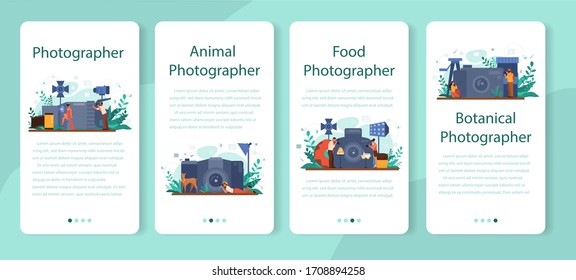 Photographer mobile application banner set. Professional photographer with camera taking pictures of person, animal, food. Artistic occupation and photography courses. Vector illustration