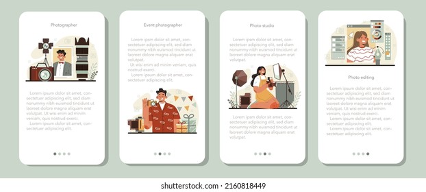 Photographer mobile application banner set. Professional photographer with camera taking pictures in a studio and editing photo. Event photography. Isolated flat vector illustration