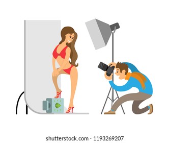 Photographer and model in swimsuit at photo studio. Man holding camera making shots of woman wearing red underwear with stilettos vector illustration.