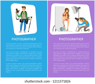 Photographer and model in swimsuit at photo studio. Man holding camera making shots of woman wearing red underwear with stilettos vector posters text sample