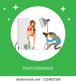 Photographer and model in swimsuit at photo studio. Man holding camera making shots of woman wearing red underwear with stilettos vector isolated in circle