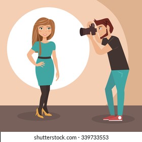  Photographer and model. Vector isolated illustration. Cartoon character. 
