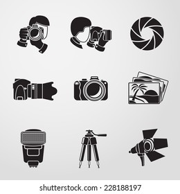 Photographer monochrome icons set with - shutter, camera, photos, shooting photographers, flash, tripod, spotlight. Vector