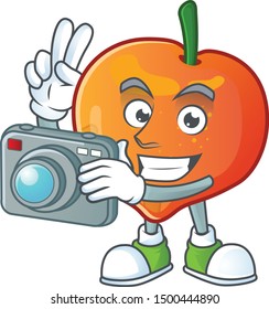 Photographer nectarine cartoon character on a white background