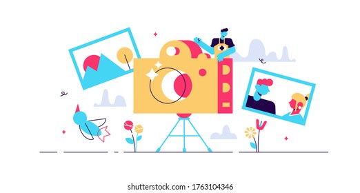 Photographer occupation vector illustration. Flat tiny camera picture person concept. Professional digital film equipment technology. Creative nature image capture on tripod. Outdoor shooting session.