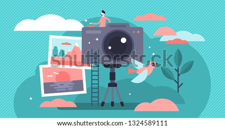 Photographer occupation vector illustration. Flat tiny camera picture person concept. Professional digital film equipment technology. Creative nature image capture on tripod. Outdoor shooting session.