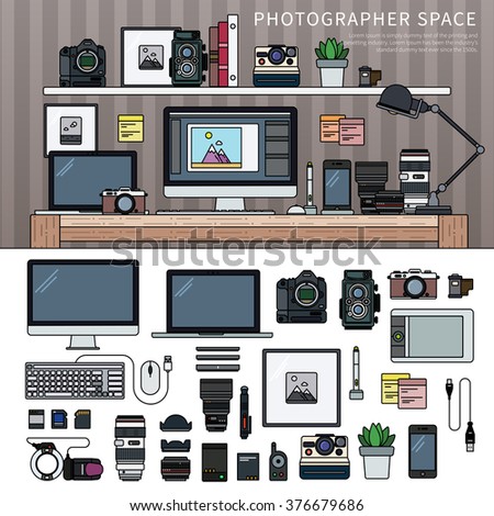 Photographer office. Work space for photographer, designer or hipster style. Have a laptop, film camera, film, speaker, glasses, book, pencil on wooden table. Isolated on white background.