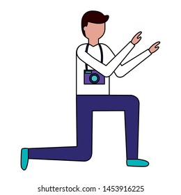 photographer on knee posing character vector illustration