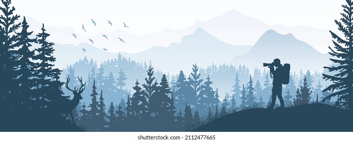 Photographer On Meadow In Forest Take Picture Of Deer. Silhouette Of Tree, Man, Animal, Mountains. Wild Nature Landscape. Horizontal Banner.