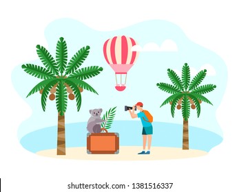 Photographer on the ocean takes pictures of a Koala on a suitcase. Vector illustration of the concept of travel, adventure, travel to exotic countries, a review of the unknown.