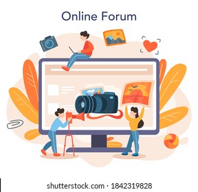 Online-Dienst oder Plattform für Fotografen. Professioneller Fotograf mit Kamera, der Bilder macht. Künstlerische Tätigkeit. Online-Forum. Einzelne Vektorgrafik