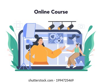 Photographer online service or platform. Professional photographer with camera taking pictures in a studio. Online course. Flat vector illustration