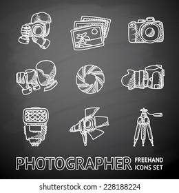 Photographer painted on black chalkboard icons set with - shutter, camera, photos, shooting photographers, flash, tripod, spotlight. Vector