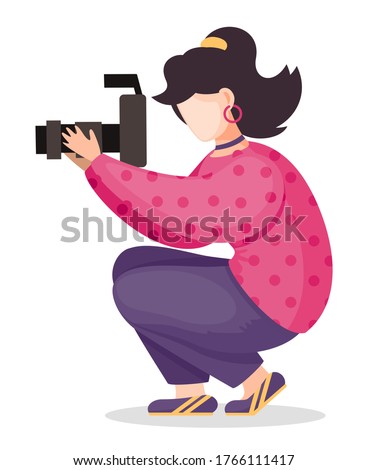 Photographer or paparazzi squatted down to take the best photo from right angle using high resolution camera with removable lens. Womn shooting, using professional equipment. Icon at white background
