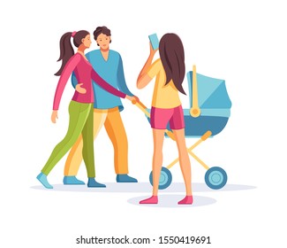 Photographer paparazzi takes a picture happy couple standing with baby carriage full grown. People characters cartoon vector illustration