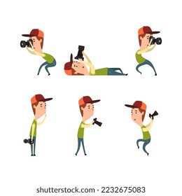 Photographer or paparazzi taking photo with digital camera. Photojournalist, cameraman, blogger or journalist character set cartoon vector illustration
