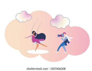 Photographer or Paparazzi Working with Photo Camera Shooting Young Woman Riding Swing among Clouds on Pink Sky. Romantic Movie Scene, Model or Actress Posing in Studio Cartoon Flat Vector Illustration