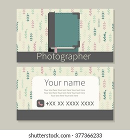 Photographer. Photo album. Vector logo. Design of business card with nice floral background. 
