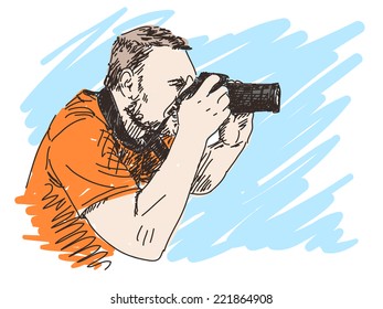 Photographer with photo camera, Hand drawn color sketch