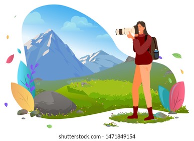 Photographer with photo camera in mountains vector. Traveler shooting or photographing wild nature andscape, photography and shots, focus and composition. Mountain tourism. Flat cartoon