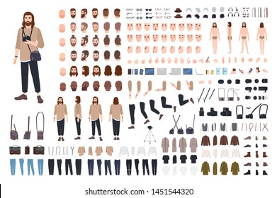 Photographer or photo journalist constructor kit or avatar generator set. Bundle of body parts, casual clothes, equipment. Male cartoon character. Front, side, back views. Flat vector illustration.