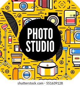 Photographer or photo studio concept design illustration. Workspace with camera, umbrella, film, lens, photo, tripod. Flat design vector