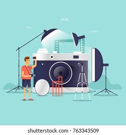Photographer, photo studio. Flat design vector illustration.