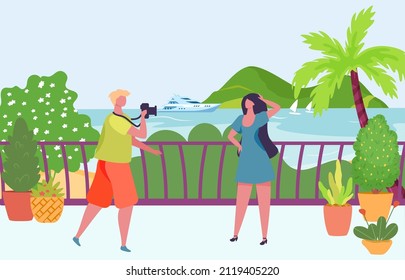 Photographer photographing model. Man taking photo of girl posing near sea. Cartoon woman having rest on seaside. Person on tropical vacation standing in front of palm tree, yacht vector