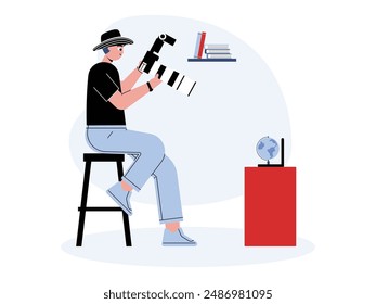 Photographer photographing an object in the form of a small globe in front of him using a professional camera, vector illustration.