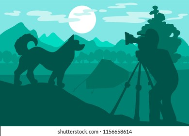 Photographer photographs walking Dog In Forest Mountain Camp. Tent under tree. Green nature scene. Hills landscape. Tourism panorama. Vector