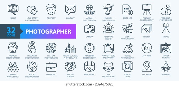 Photographer  photography  types Photography    thin line web icon set  Outline icons collection  Simple vector illustration 
