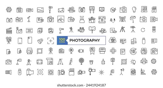 Photographer, photography, types of Photography - thin line web icon set. Outline photo icons. Photography studio light, film cameras and camera on tripod line.