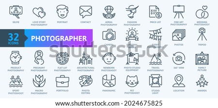 Photographer, photography, types of Photography - thin line web icon set. Outline icons collection. Simple vector illustration.