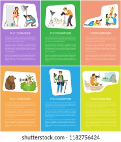 Photographer and photojournalist banners. Studio model, still life picture, family portrait, wildlife reporter, landscape photo vector illustration.