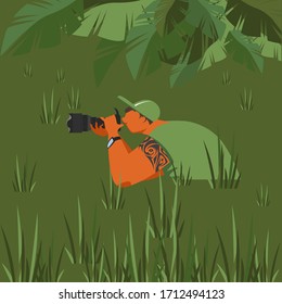 photographer. photojournalist. vector illustration of a man with a camera in a swamp. a man waiting for a shot