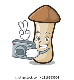 Photographer pleurotus erynggi mushroom mascot cartoon