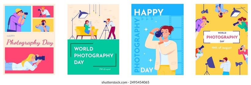 Photographer posters. Professional photographers or photo journalist people world photography day media event brochure, photographic camera hobby picture shot vector illustration authors graphics