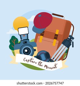 Photographer preparing with camera, flash, backpack, cap and tripod, Backpacking travel photography concept, flat vector illustration