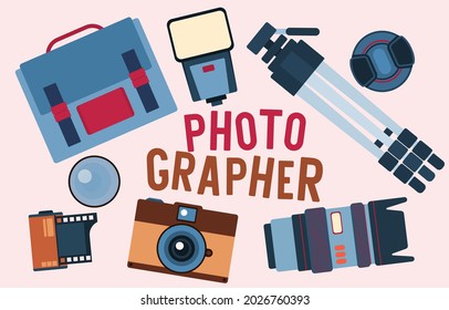 Photographer preparing with camera, flash, backpack, cap and tripod, Backpacking travel photography concept, flat vector illustration