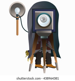 The photographer produces portrait photography on a vintage camera. Vector illustration.