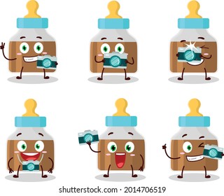 Photographer profession emoticon with baby pacifier with choco milk cartoon character. Vector illustration