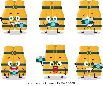 Photographer profession emoticon with life vest cartoon character