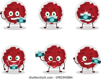 Photographer profession emoticon with mashed cranberry cartoon character. Vector illustration