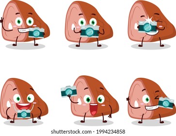 Photographer profession emoticon with meat cartoon character. Vector illustration