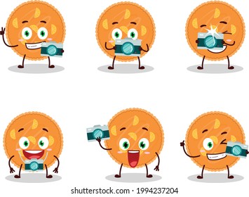 Photographer profession emoticon with orange pie cartoon character. Vector illustration