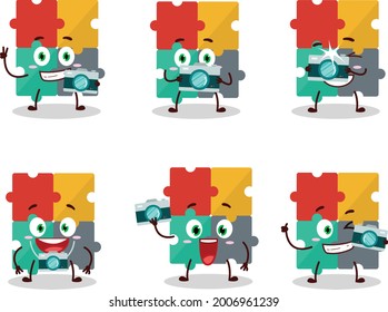 Photographer profession emoticon with puzzle cartoon character. Vector illustration