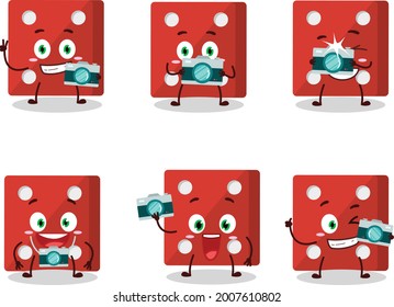 Photographer profession emoticon with red dice cartoon character. Vector illustration