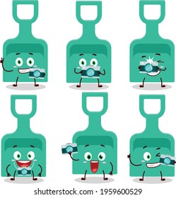 Photographer profession emoticon with sand shovel cartoon character