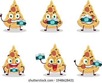 Photographer profession emoticon with slice of pizza cartoon character